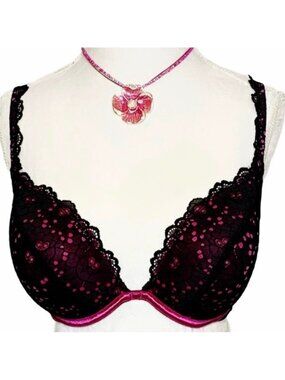 PLUNGE BRA Pink and black Lace Underwire Plunge Adjustable Hook n eye 36DD/36E